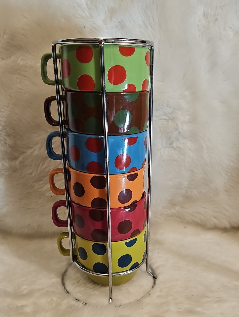 World Market 6 Stackable Polka Dot Mugs Cups With Metal Rack Colorful